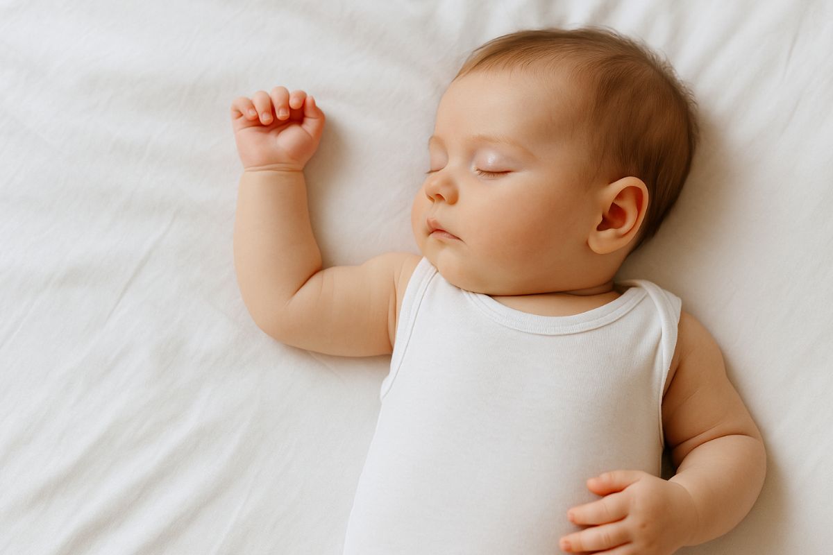 Neugeborenes Baby schläft friedlich auf dem Rücken – Tipps zum Schlafverhalten in den ersten Monaten.