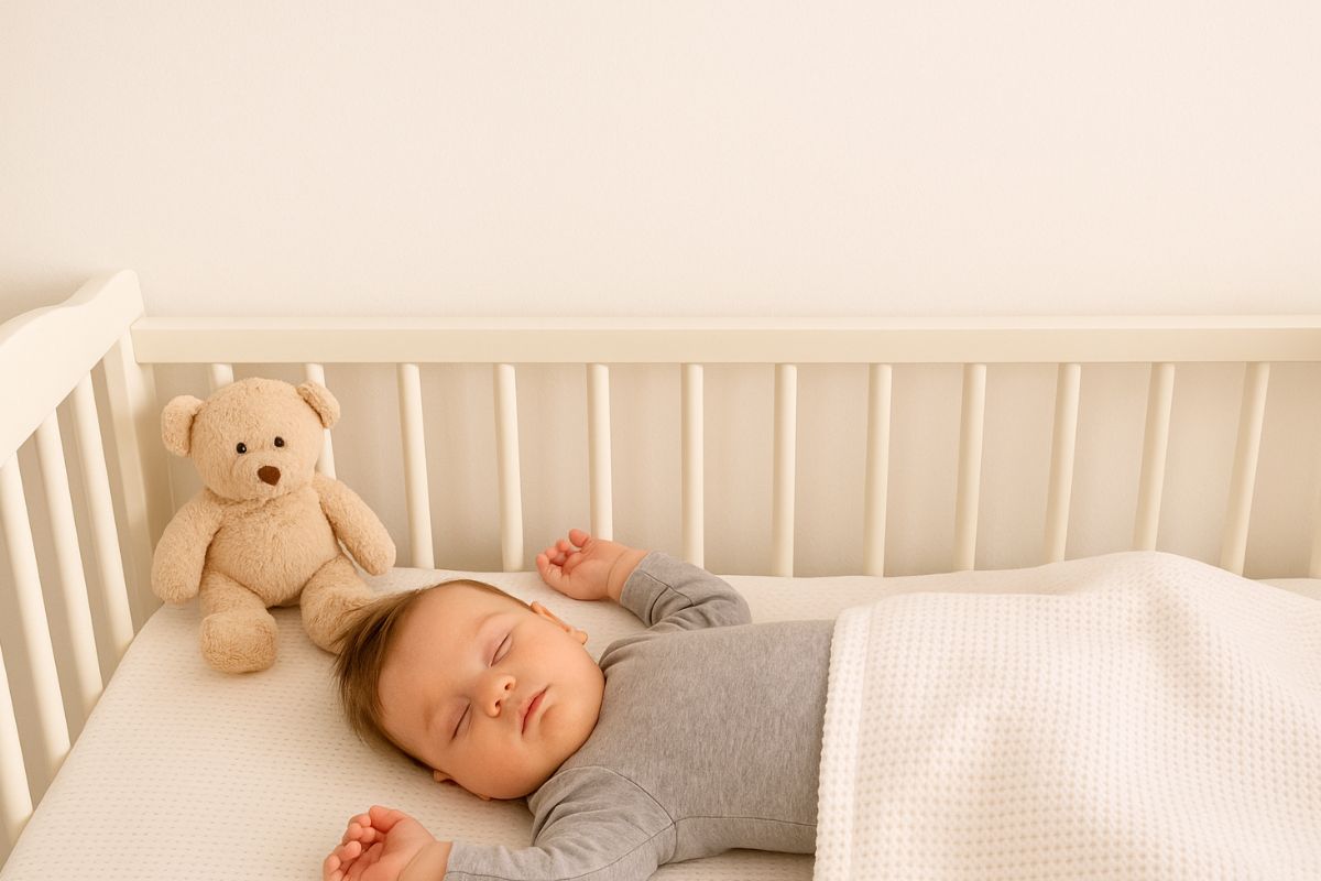 Baby schläft sicher im eigenen Bett – Beispiel für einen optimal gestalteten Schlafplatz.