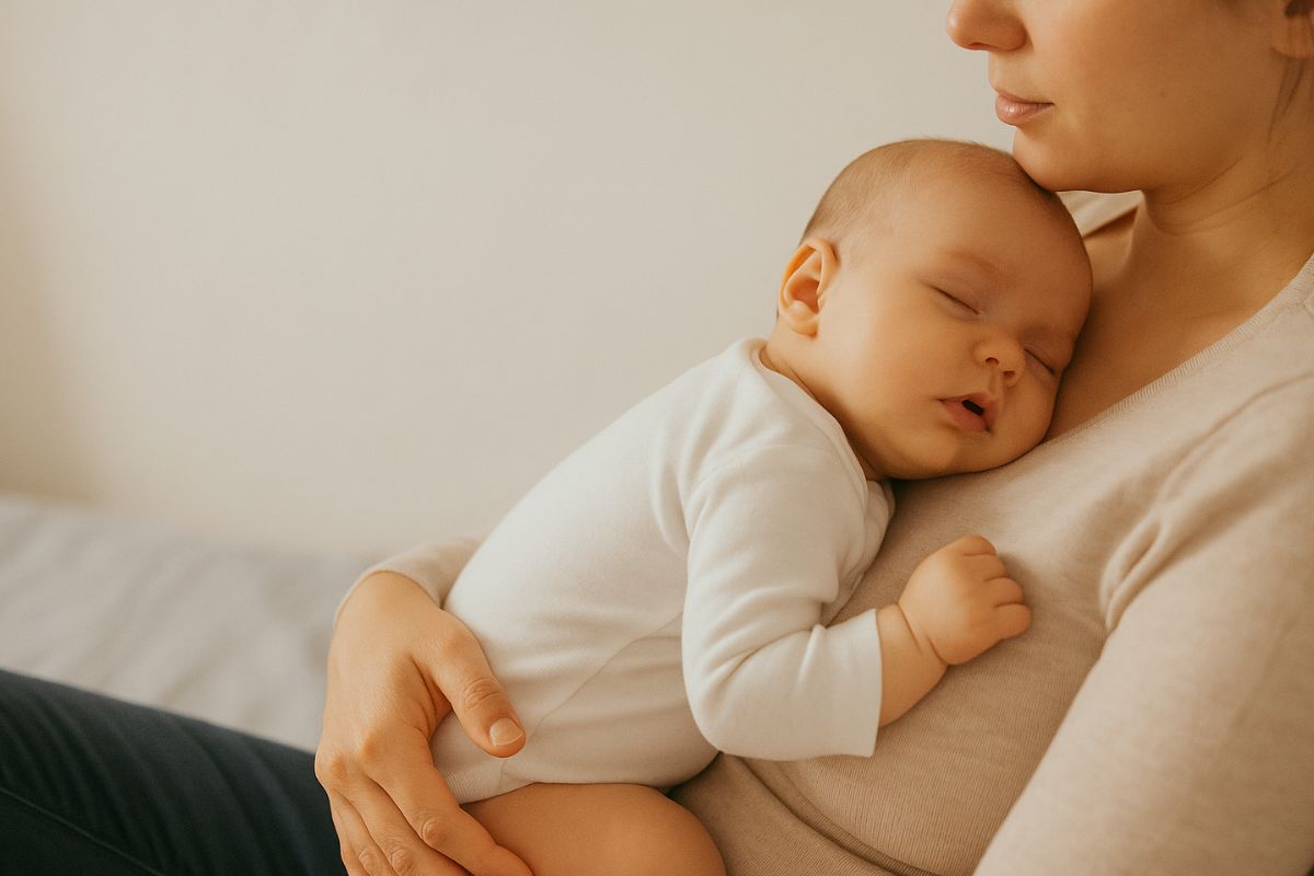 Baby schläft friedlich auf dem Arm seiner Mutter – Symbol für Nähe, Geborgenheit und Bindung im Alltag.