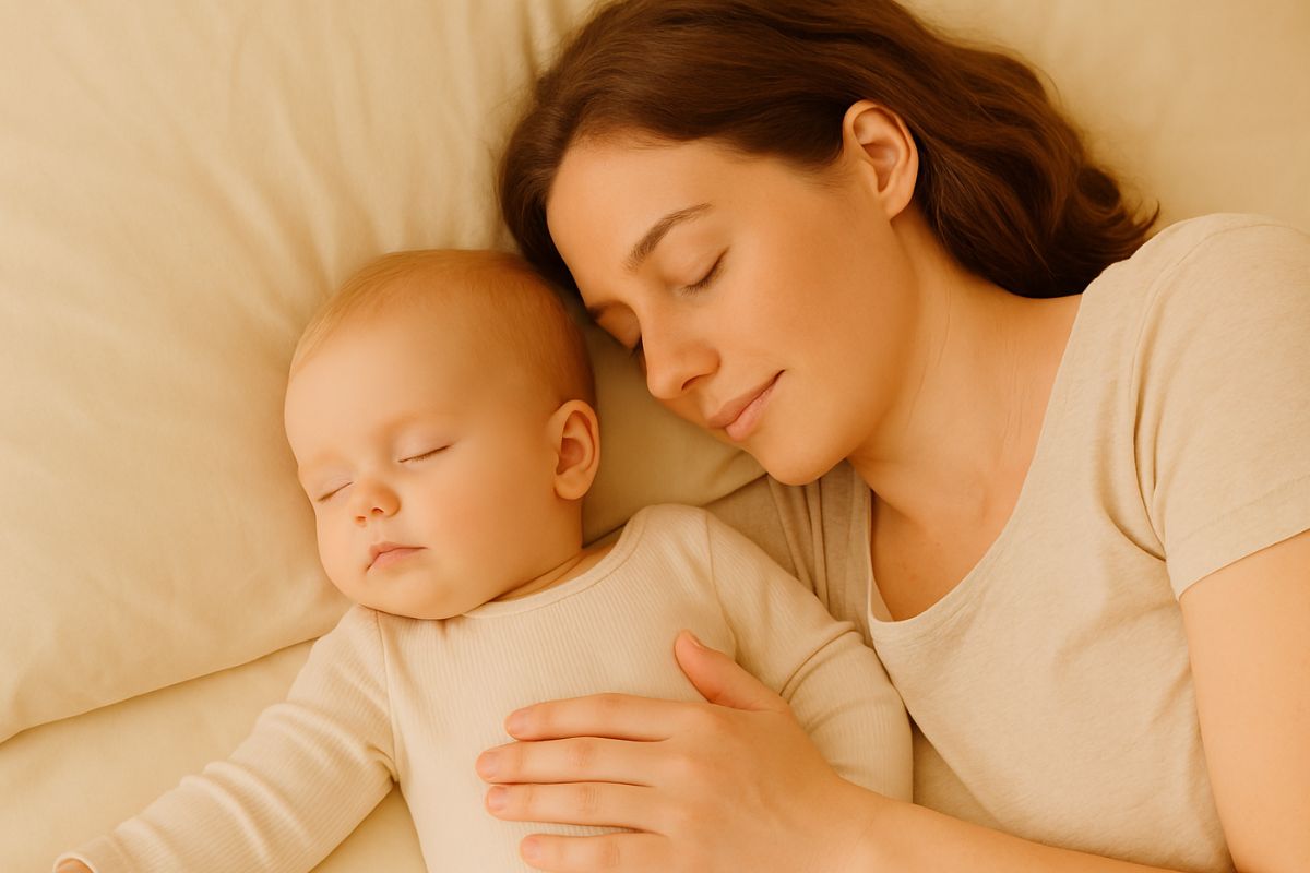 Mutter liegt mit ihrem Baby im Bett – beide schlafen friedlich in warmer, heller Atmosphäre