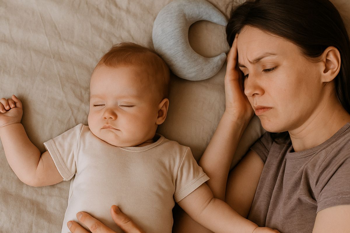 Eine müde Mutter liegt neben ihrem friedlich schlafenden Baby auf einer beigen Decke. Das Baby schläft ruhig, während die Mutter erschöpft die Hand an den Kopf legt – Symbol für kurze Babyschlafphasen und Schlafmangel im Alltag.