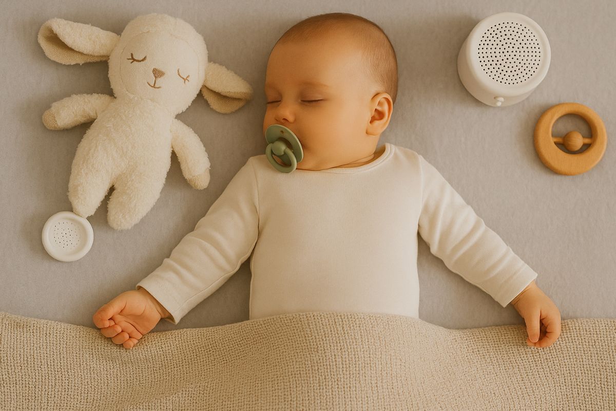 Ein Baby schläft friedlich auf dem Rücken, mit Schnuller im Mund und einem Kuscheltier, einer Spieluhr und einer Holzrassel neben sich – Symbolbild für sanfte Einschlafhilfen.