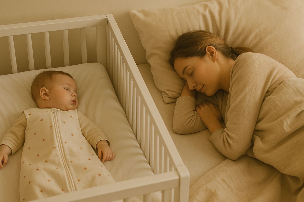 Baby schläft sicher auf dem Rücken im Beistellbett direkt neben der Mutter, im Schlafsack und in ruhiger Schlafumgebung.