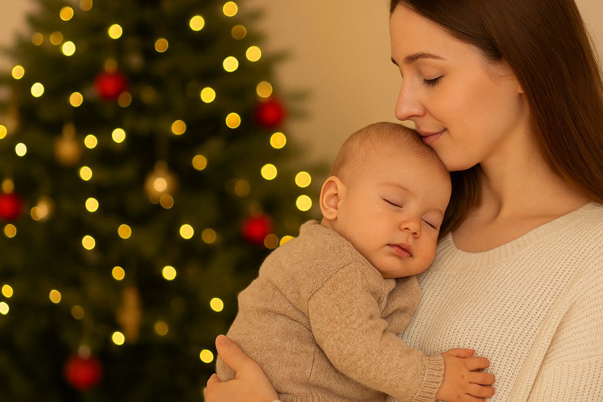 Eine liebevolle Mutter hält ihr schlafendes Baby im Arm, im Hintergrund leuchtet ein festlich geschmückter Weihnachtsbaum – eine ruhige, warme Szene voller Geborgenheit. Passend zum Thema Babyschlaf an Weihnachten.