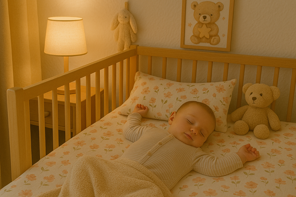 Baby schläft entspannt in einem liebevoll eingerichteten Kinderbett mit warmem Licht, weicher Bettwäsche und beruhigender Atmosphäre – ideal als Symbol für selbstständiges Einschlafen.