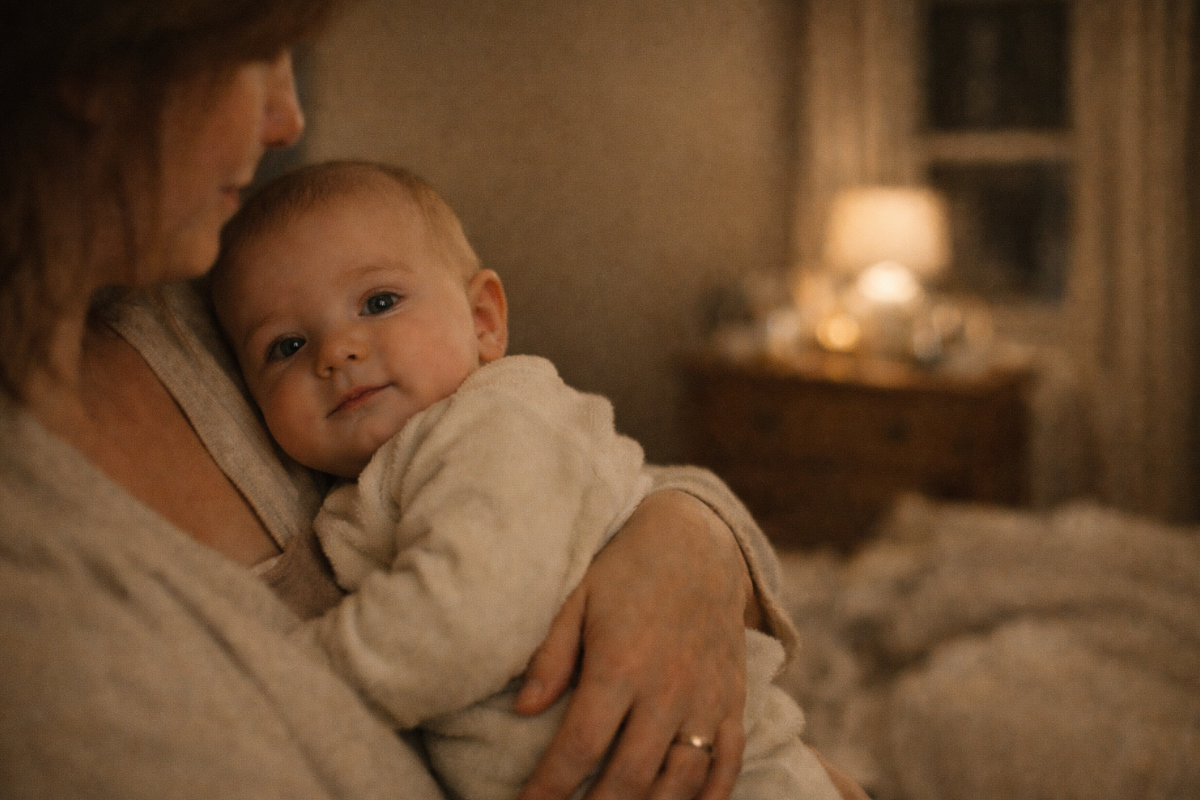 Eine Mutter hält ihr Baby nachts im Arm. Das Baby ist wach und ruhig – Symbol für nächtliches Aufwachen und sanfte Begleitung beim Babyschlaf.