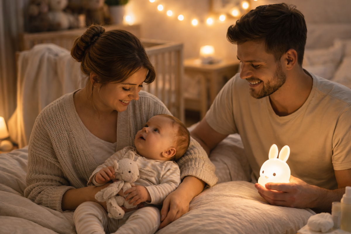Eltern sitzen abends mit ihrem Baby im Schlafzimmer und genießen einen ruhigen Moment vor dem Einschlafen.