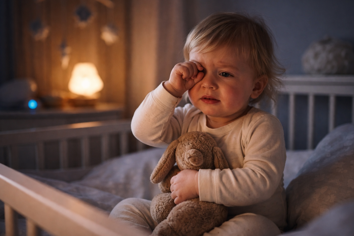 Müdes Baby sitzt abends wach im Bett und findet nur schwer in den Schlaf