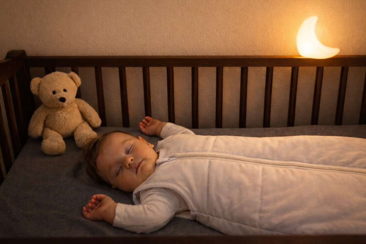 Baby schläft nachts im Schlafsack bei sanftem Nachtlicht