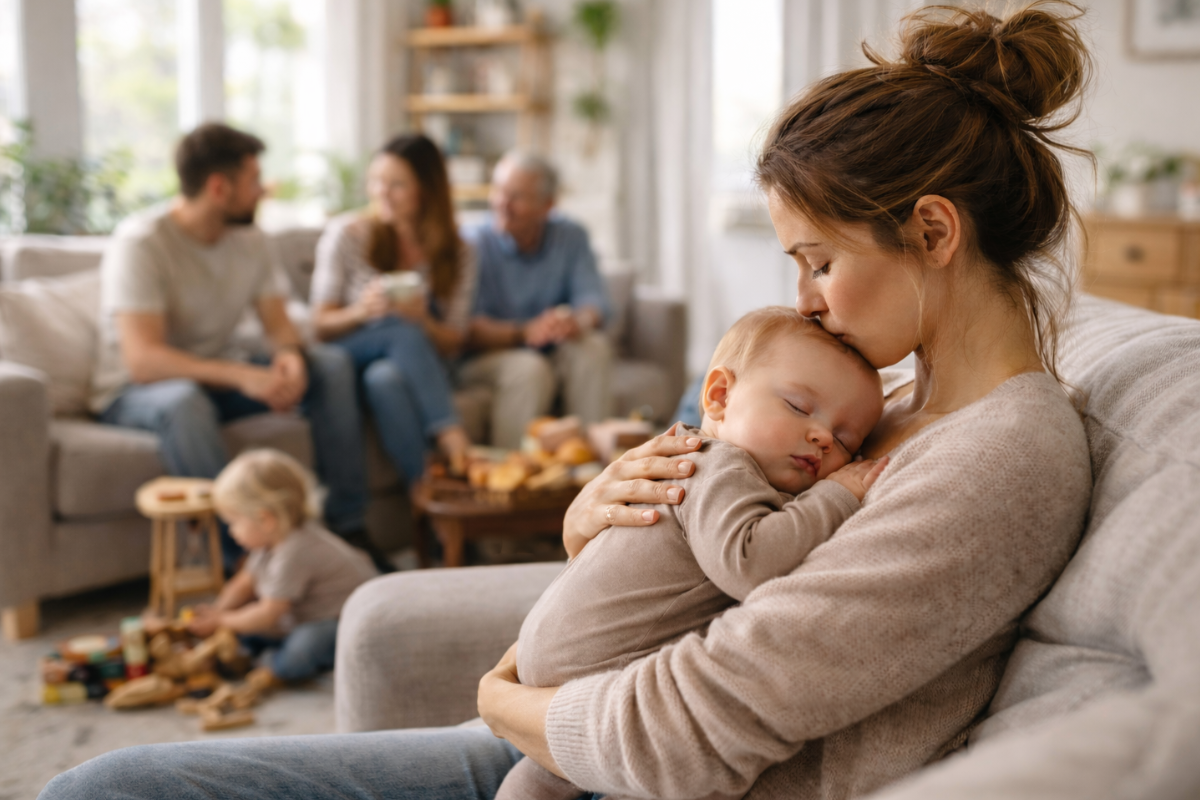Eine Mutter hält ihr schlafendes Baby im Arm, während im Hintergrund Besuch im Wohnzimmer sitzt und leise spricht.