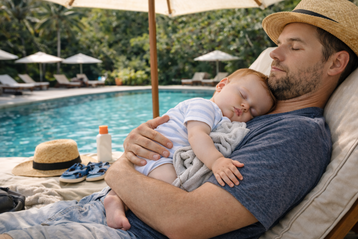 Schlafendes Baby im Arm des Vaters auf einer Sonnenliege im Urlaub