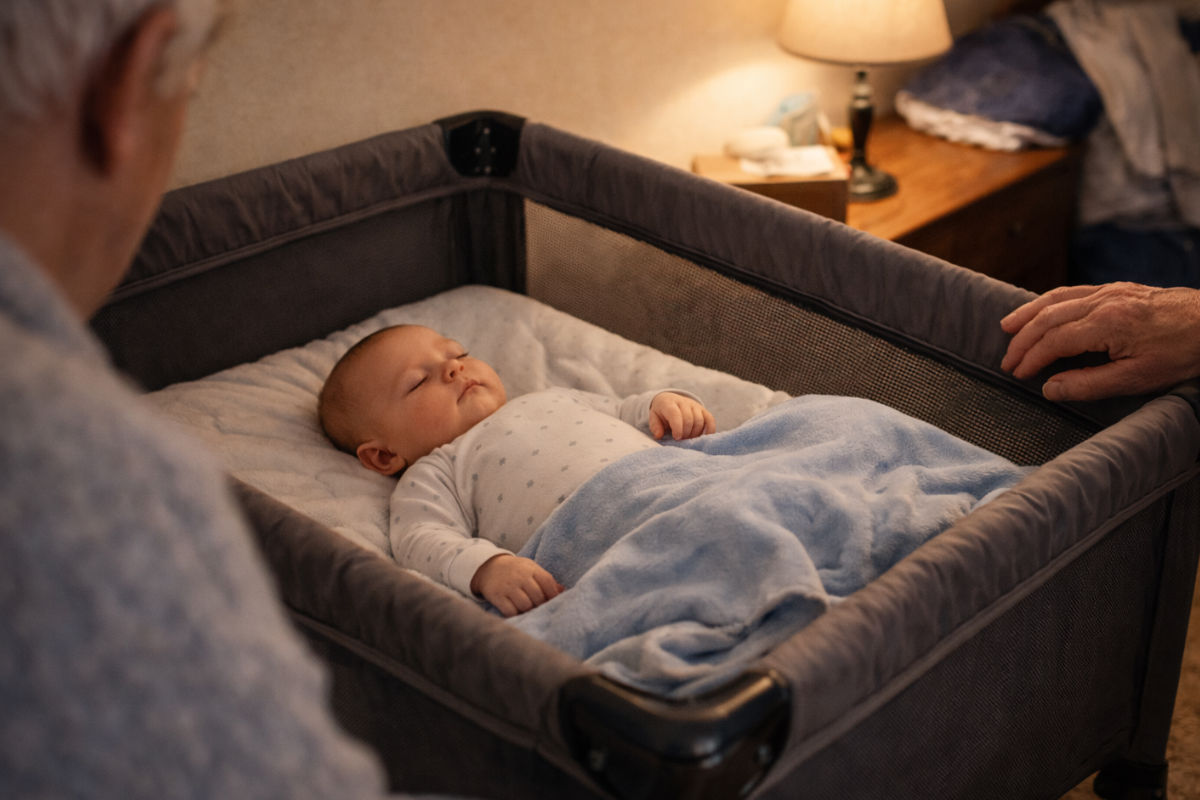 Baby schläft ruhig im Reisebett bei Oma und Opa am Abend