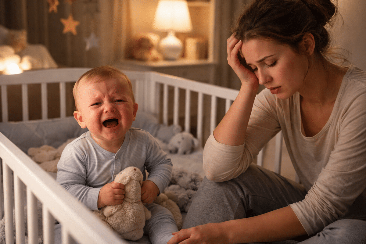 Weinendes Baby im Bett während einer Schlafregression, Mutter sitzt erschöpft daneben